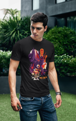 Man standing outdoors, wearing a black Batman Beyond T-shirt featuring a stylized graphic of Batman and villains in a vibrant purple and orange design.