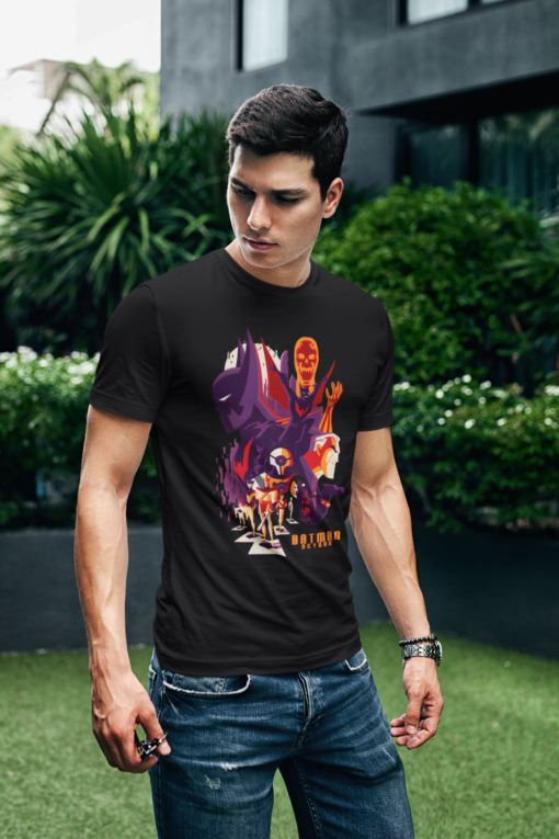 Man standing outdoors, wearing a black Batman Beyond T-shirt featuring a stylized graphic of Batman and villains in a vibrant purple and orange design.