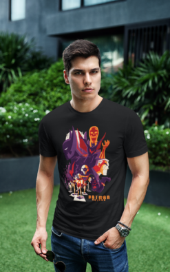 Man posing in a garden area, wearing a black T-shirt with a bold Batman Beyond graphic of Batman and various villains in an artistic style.