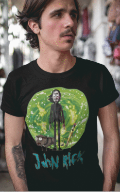 Close-up of John Rick unisex tee showing detailed crossover artwork in vibrant green portal design