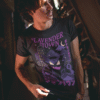 Man wearing black Lavender Town Pokémon tee featuring Haunter and spooky cityscape