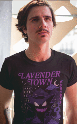 Lavender Town graphic t-shirt with purple Haunter design and Japanese text on black shirt