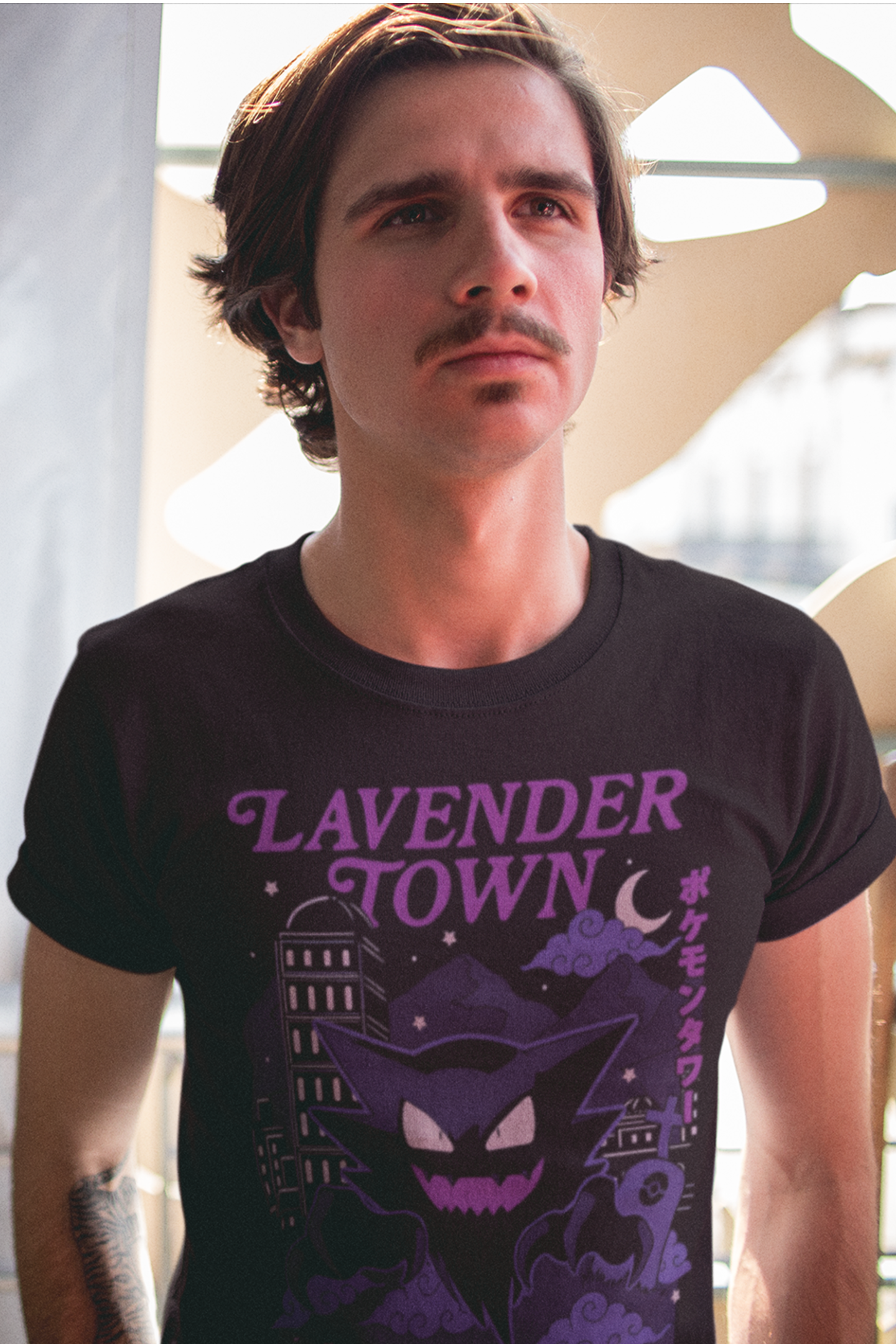 Lavender Town graphic t-shirt with purple Haunter design and Japanese text on black shirt