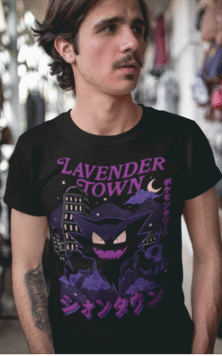 Black Pokémon Lavender Town t-shirt with atmospheric ghost-type design and stylized lettering