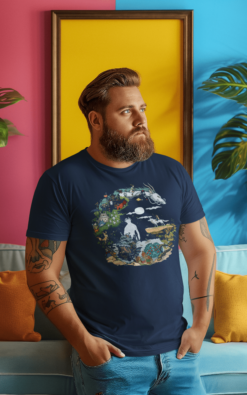 Bearded man wearing a navy t-shirt featuring a crescent moon-inspired design with Studio Ghibli characters, standing against a colorful pink and yellow wall.