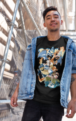 Casual style Asian male modeling black Pokémon starter trio graphic tee with denim jacket outdoors"