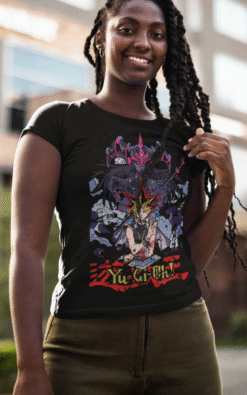 Smiling African American woman outdoors wearing black Yu-Gi-Oh! graphic unisex tee