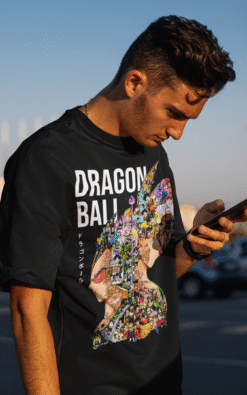 Close-up of Dragon Ball Otaku Mayhem tee showing vibrant Goku and Vegeta profile with many characters