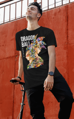 Man wearing black Dragon Ball tee featuring detailed character collage in Goku and Vegeta silhouette
