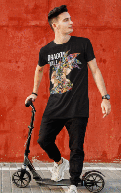 Dragon Ball graphic t-shirt with colorful anime character montage and bold white text on black shirt