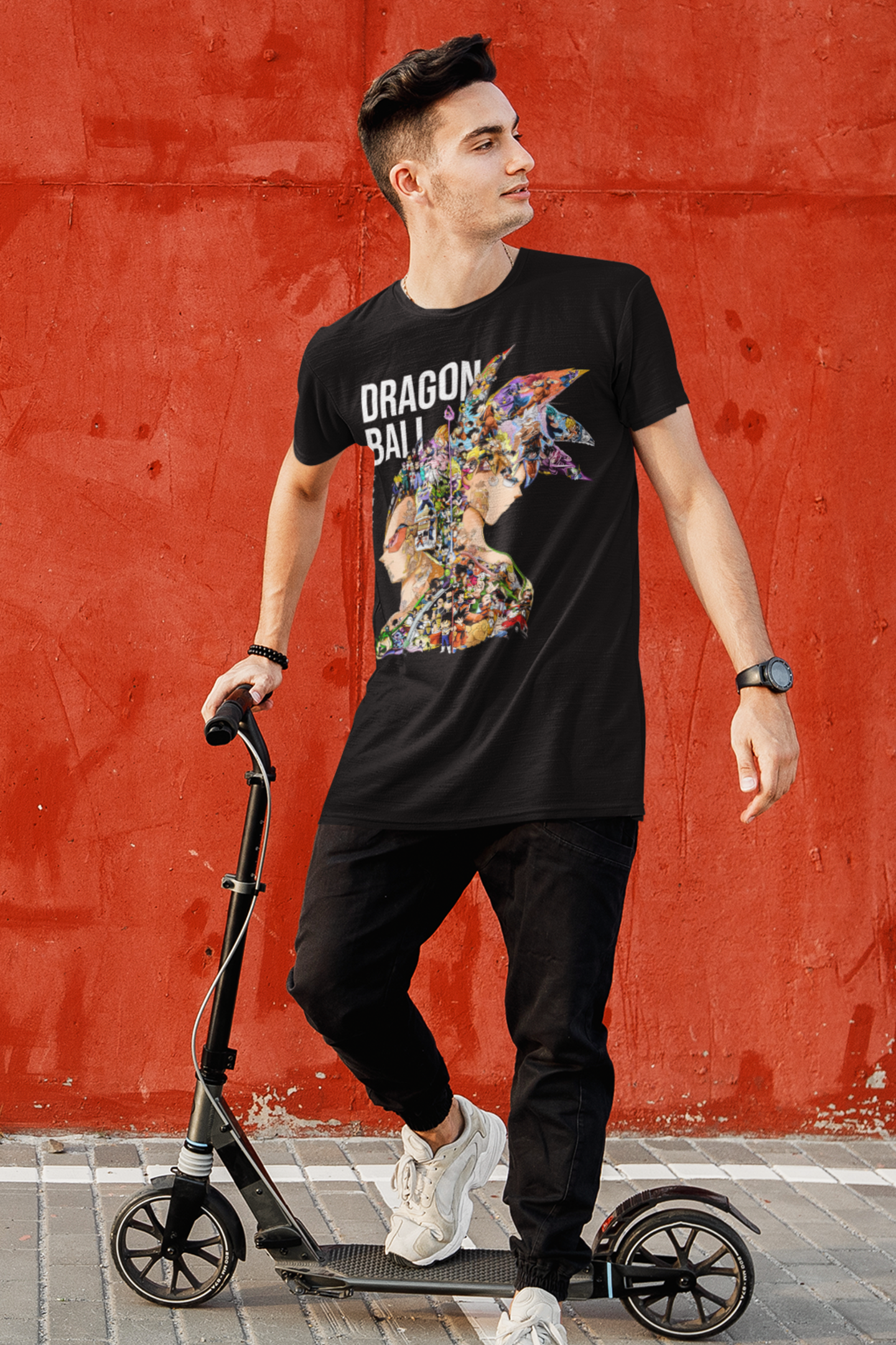 Dragon Ball graphic t-shirt with colorful anime character montage and bold white text on black shirt
