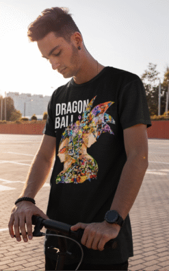 Casual model wearing unisex Dragon Ball tee with iconic anime heroes and villains collage design