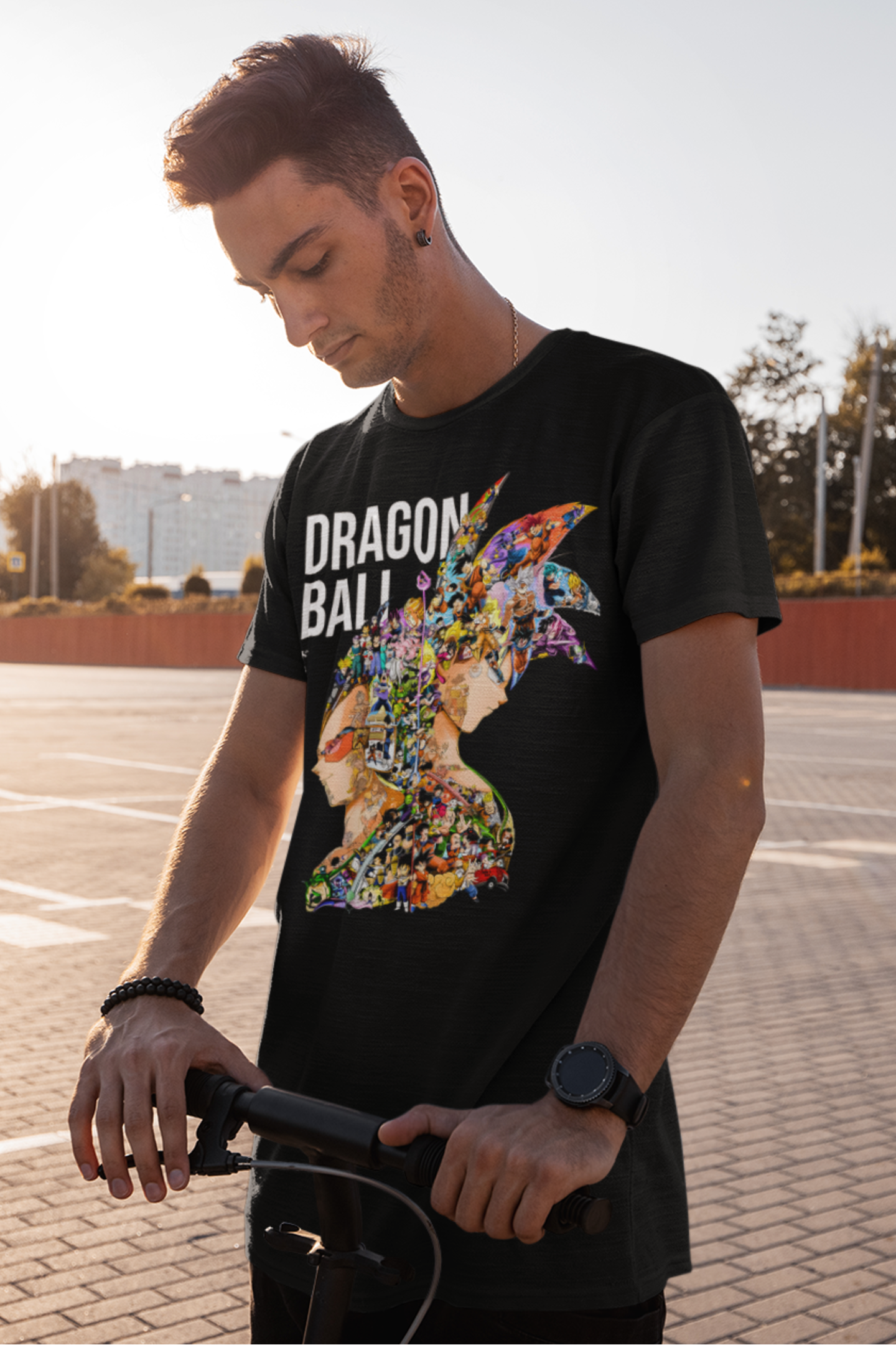 Casual model wearing unisex Dragon Ball tee with iconic anime heroes and villains collage design