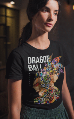 Close-up of Dragon Ball tee design showing multi-character profile artwork of Goku and Vegeta