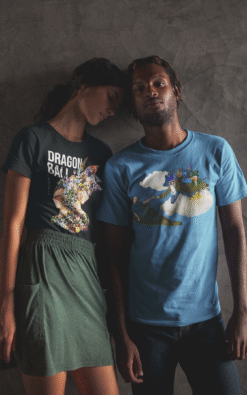 Black Dragon Ball t-shirt with intricate character artwork and Japanese text on a black shirt