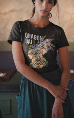 Woman wearing black Dragon Ball tee with detailed anime character collage in Goku and Vegeta silhouette