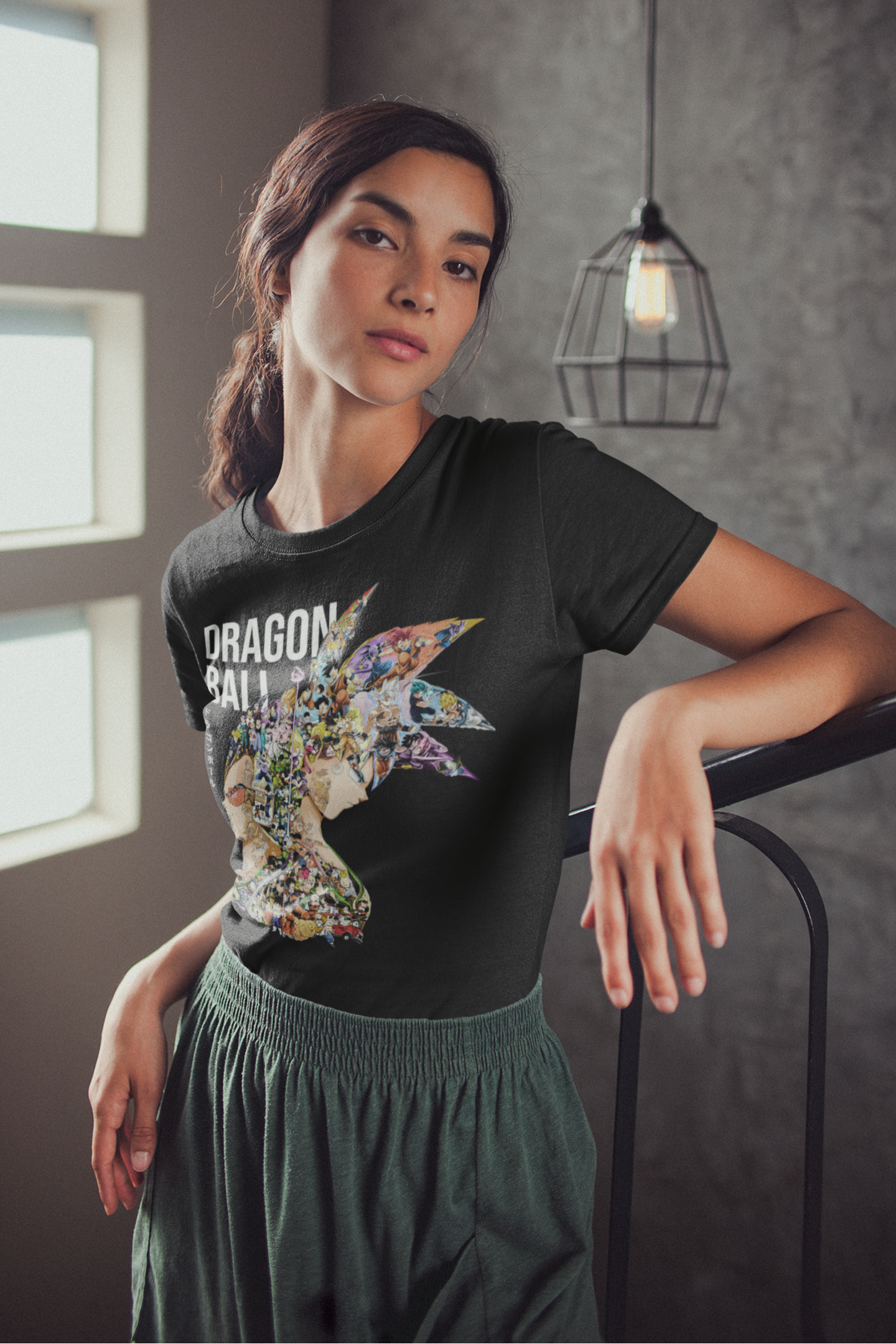 Casual woman modeling unisex Dragon Ball tee with vibrant anime heroes and villains collage design