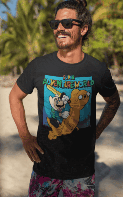 Smiling male model wearing Super Adventureworld black tee with Mario and Jake, sunglasses on, standing on a sunny beach.