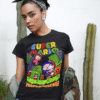 Woman wearing black Super Mario unisex t-shirt with camo jacket and vintage gaming style design