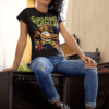 Woman wearing black heavy metal style Super Mario World graphic tee in a bright indoor setting.