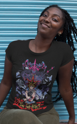 African American woman smiling in black Yu-Gi-Oh! Yami Yugi and Dark Magician t-shirt