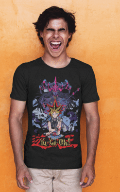 Excited male model in black Yu-Gi-Oh! anime shirt with Yami Yugi and Dark Magician artwork