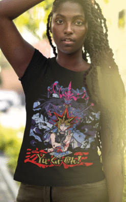 Urban style woman wearing black Yu-Gi-Oh! unisex anime graphic tee