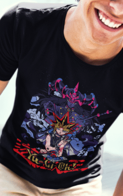 Smiling man with sunglasses wearing black Yu-Gi-Oh! unisex tee featuring Yami Yugi