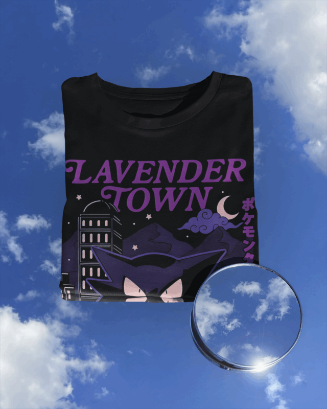 Lavender Town Pokémon Gengar t-shirt from Otaku Mayhem floating against a blue sky with clouds